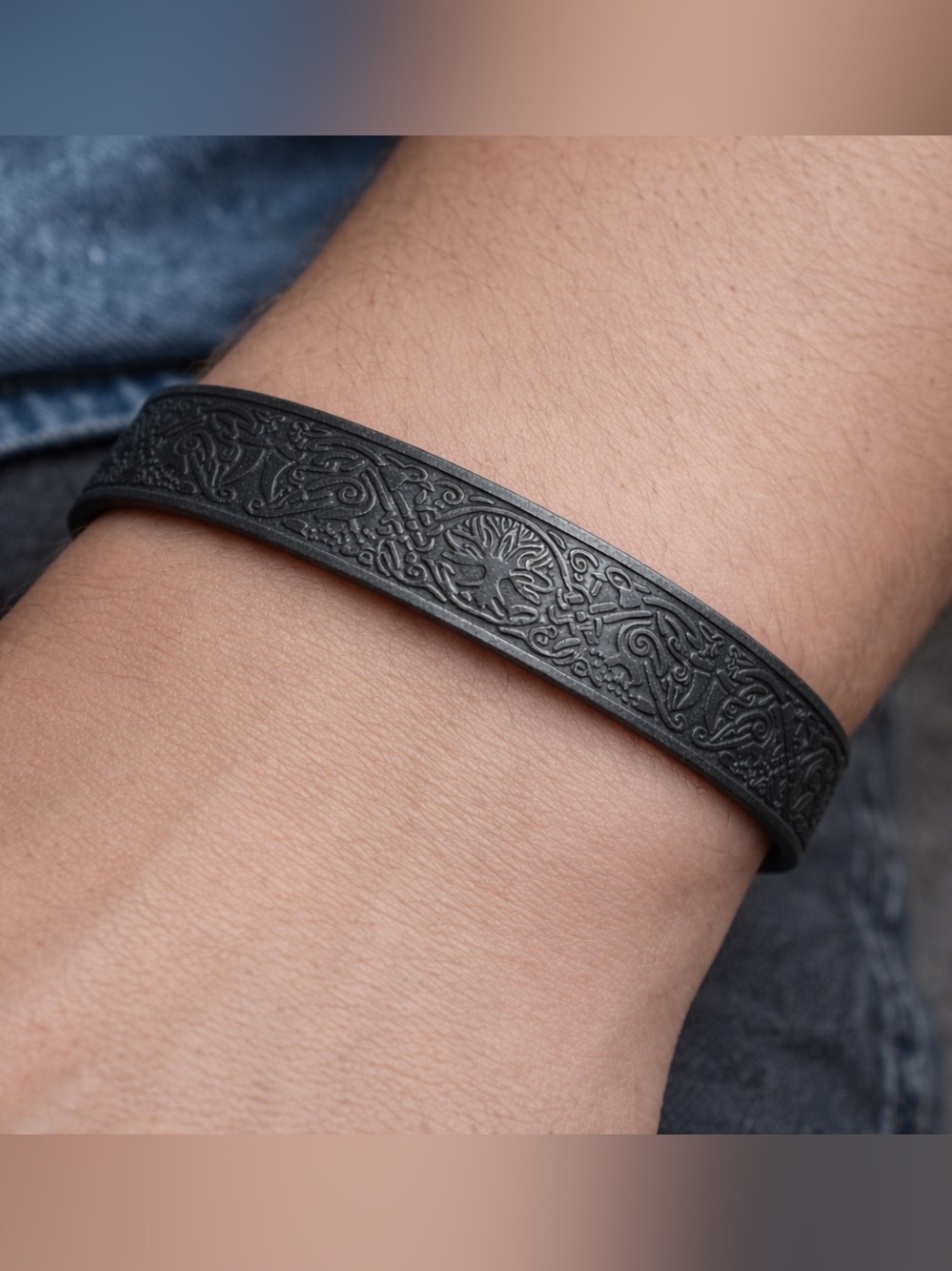 Men's Tree of life Embossed Black Metal Cuff Bracelet